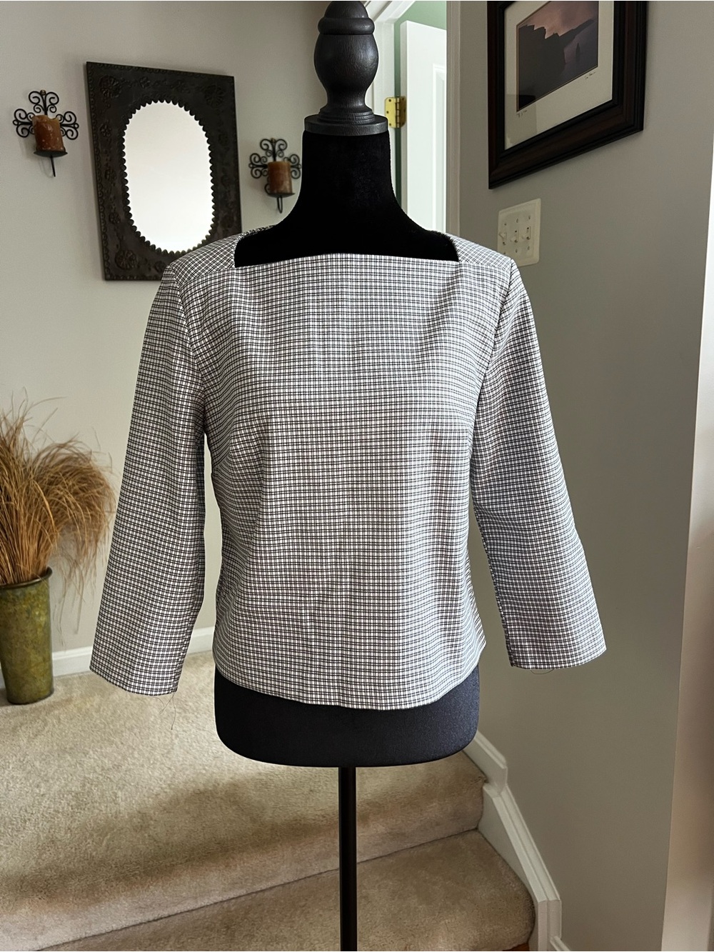 Rachel Zoe Black and White Plaid Square-Neck Blouse